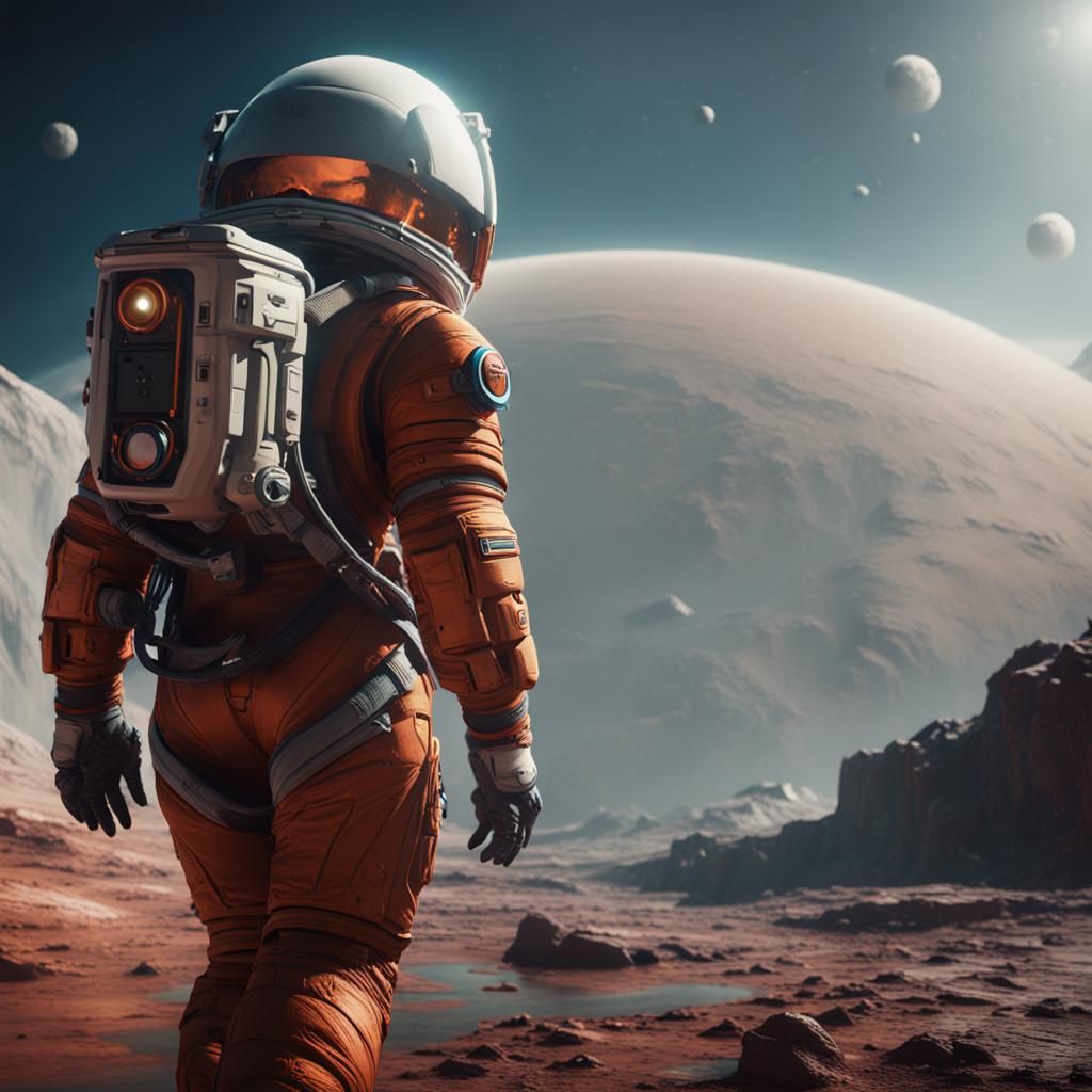 female astronaut walking on the surface of Titan