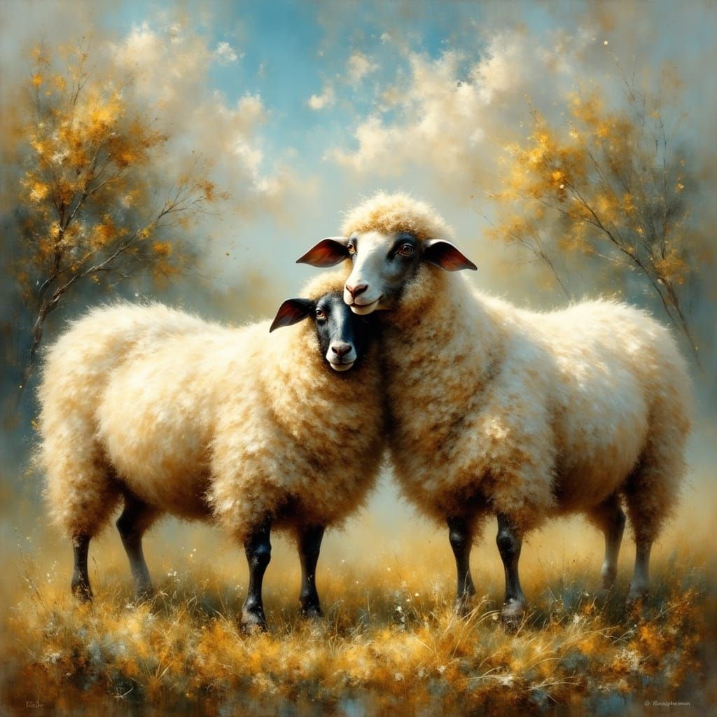 Two Sheep Embrace in Ethereal Style