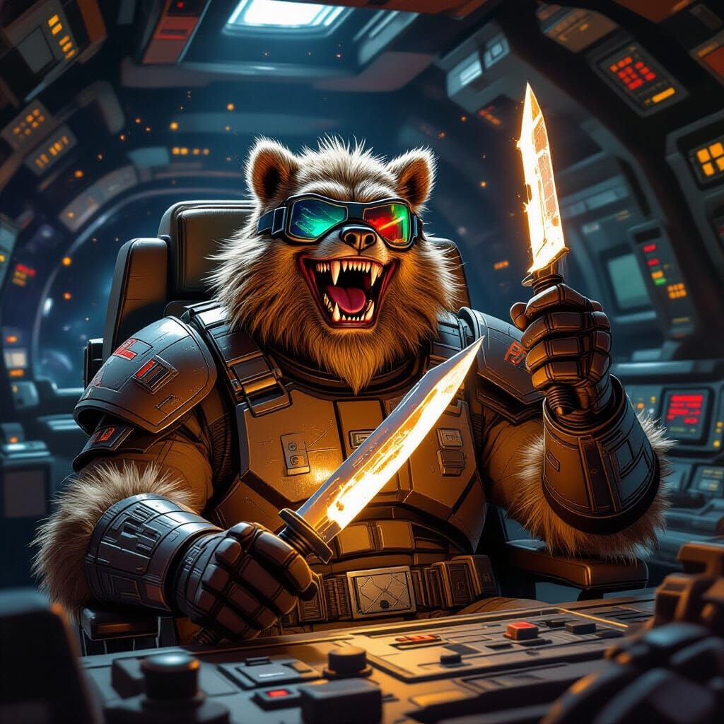 Distant shot: A hairy bipedal alien with fangs, similar to a bear or wolverine. He is laughing evilly. He is a space criminal smuggler capta...