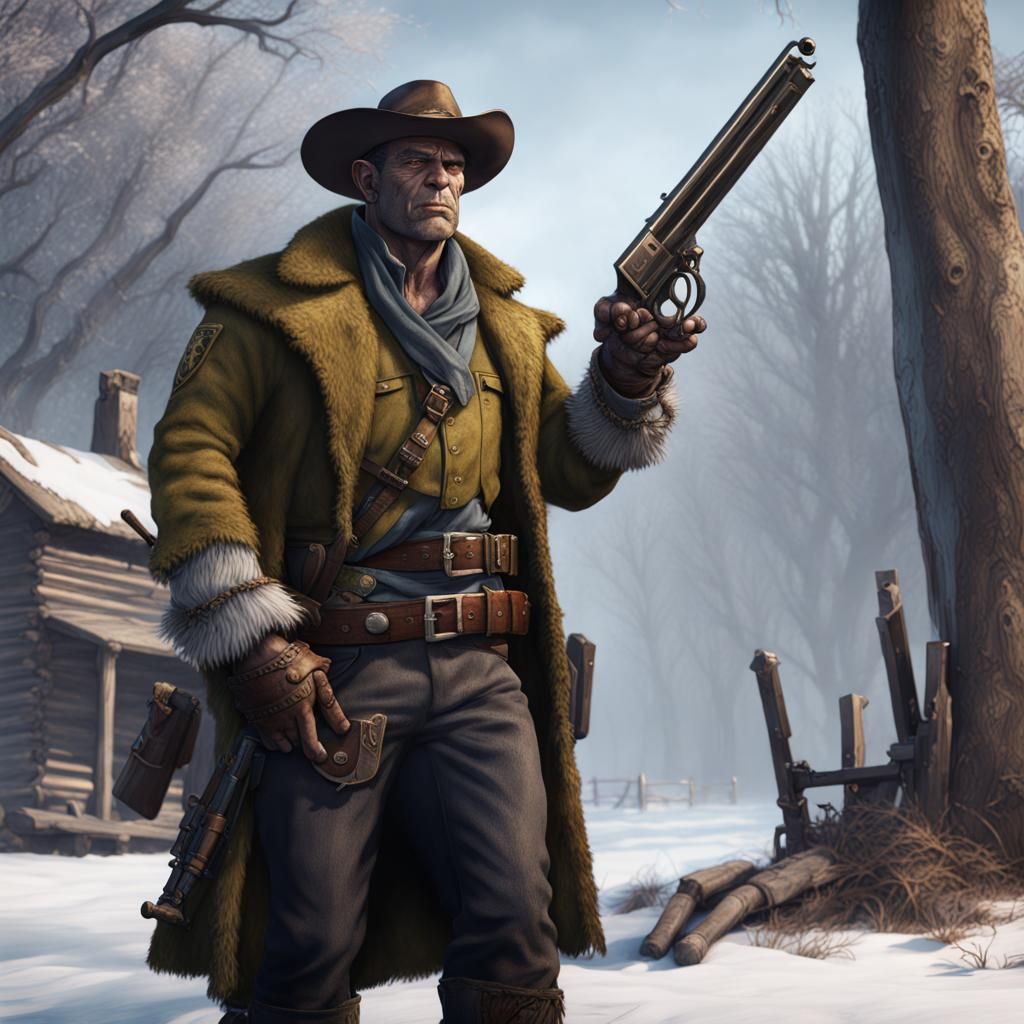 Half-orc sheriff with old fashioned guns in the winter