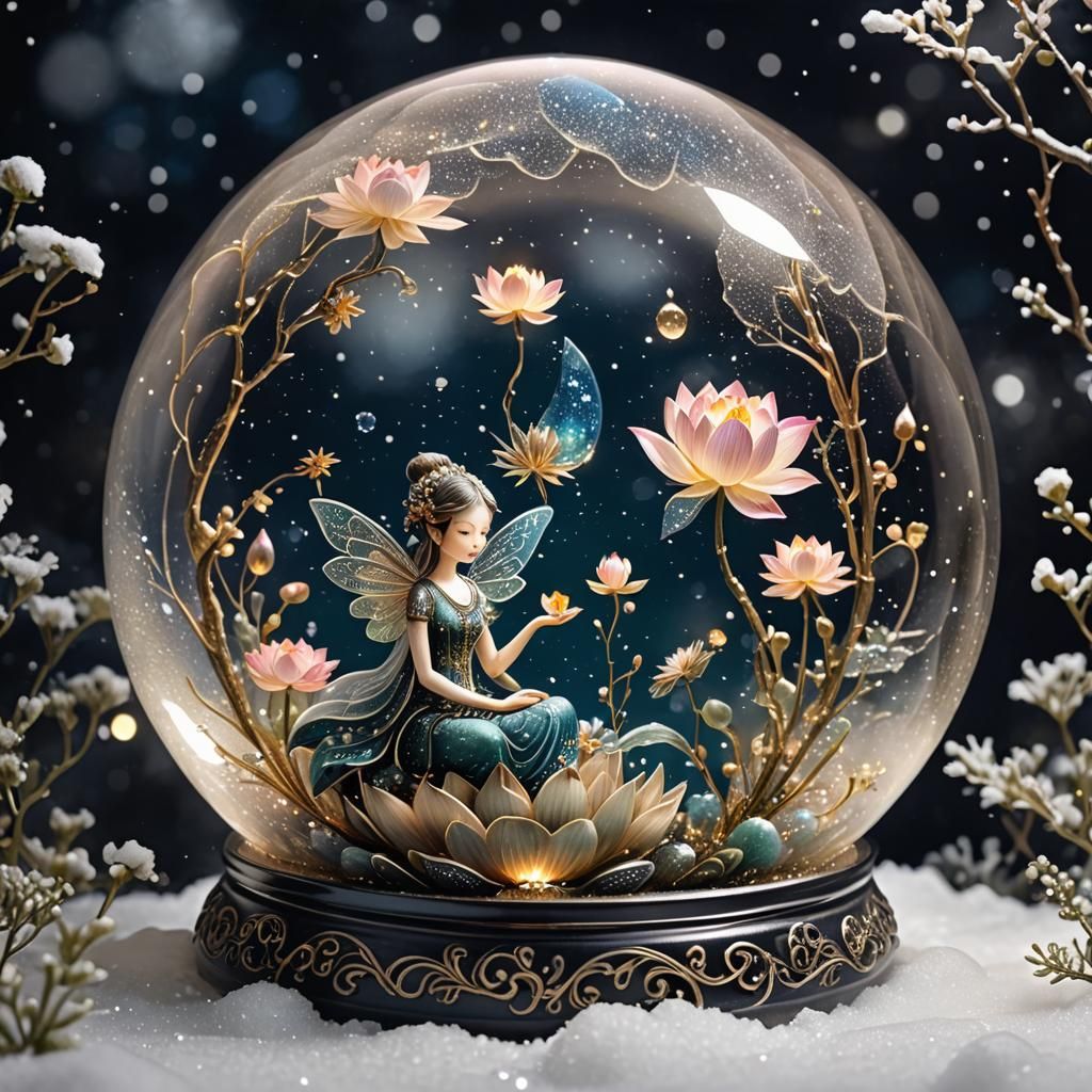 Lotus Fairy in Snowglobe: Maximalist Watercolor Art