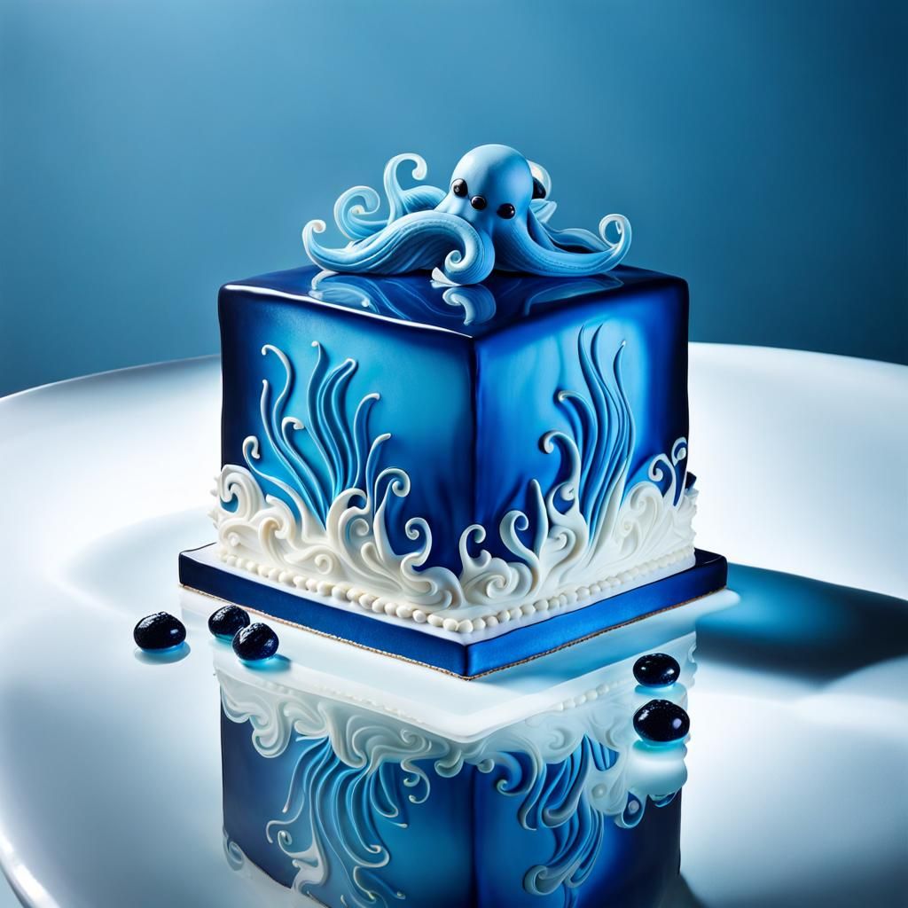 An intricately carved cake, with a blue octopus design inside, and
