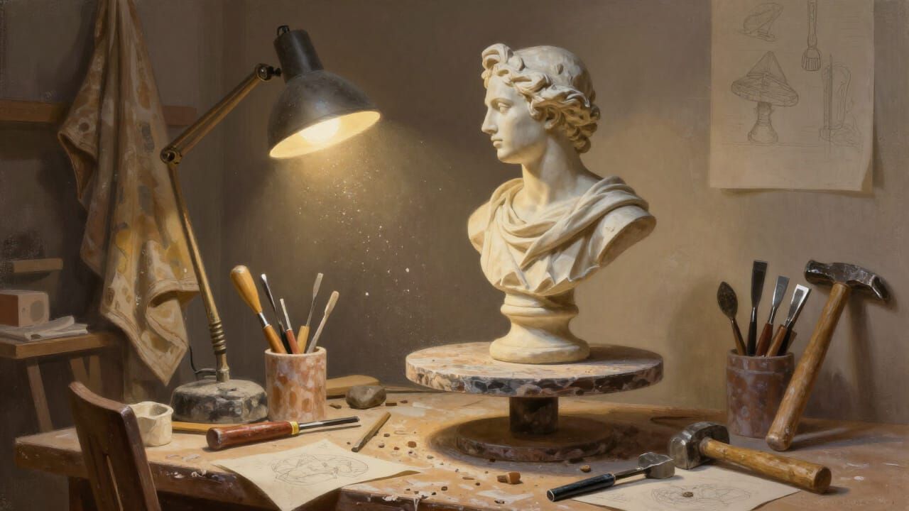 A sculptor's studio, bathed in the warm glow of a single lamp, where clay dust motes dance in the air. ...  by @Thomas Yee