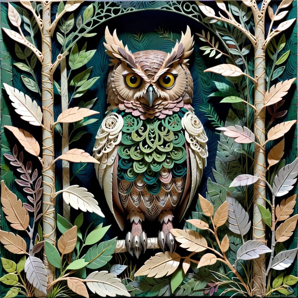 Horned owl within the depths of a dense thicket, multilayered, mixed media, abstract textured art; plants ...  by @Ishya
