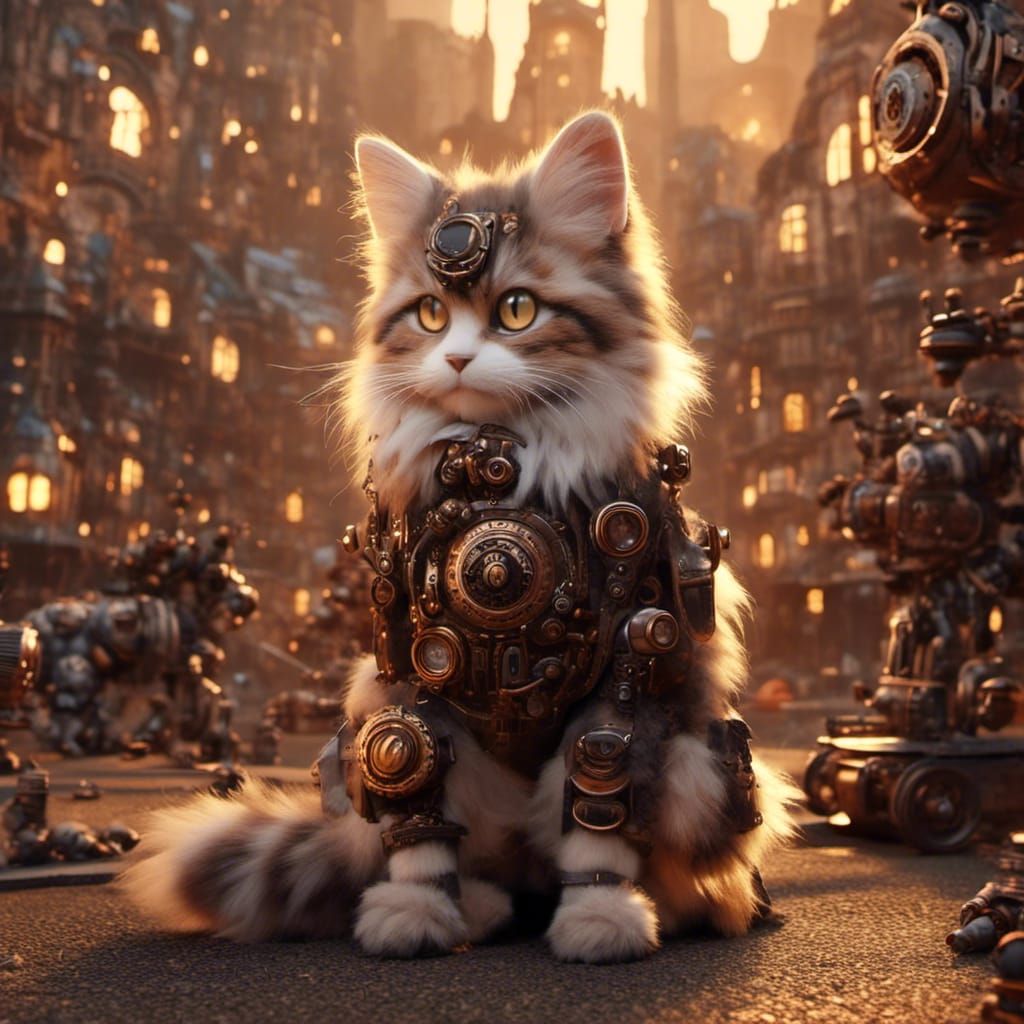 <lora:Steampunk Madness:1.0> A steampunk robotic adorable fluffy calico kitten wondering in a steampunk city, the scene is filled with beaut...
