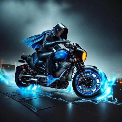 Dark <lora:Dark---Ghost Rider:1.0> fantasy elf wearing a (Blue leather jacket:1.5), rinding his Harly Davidson, shrouded in a veil of cosmic...