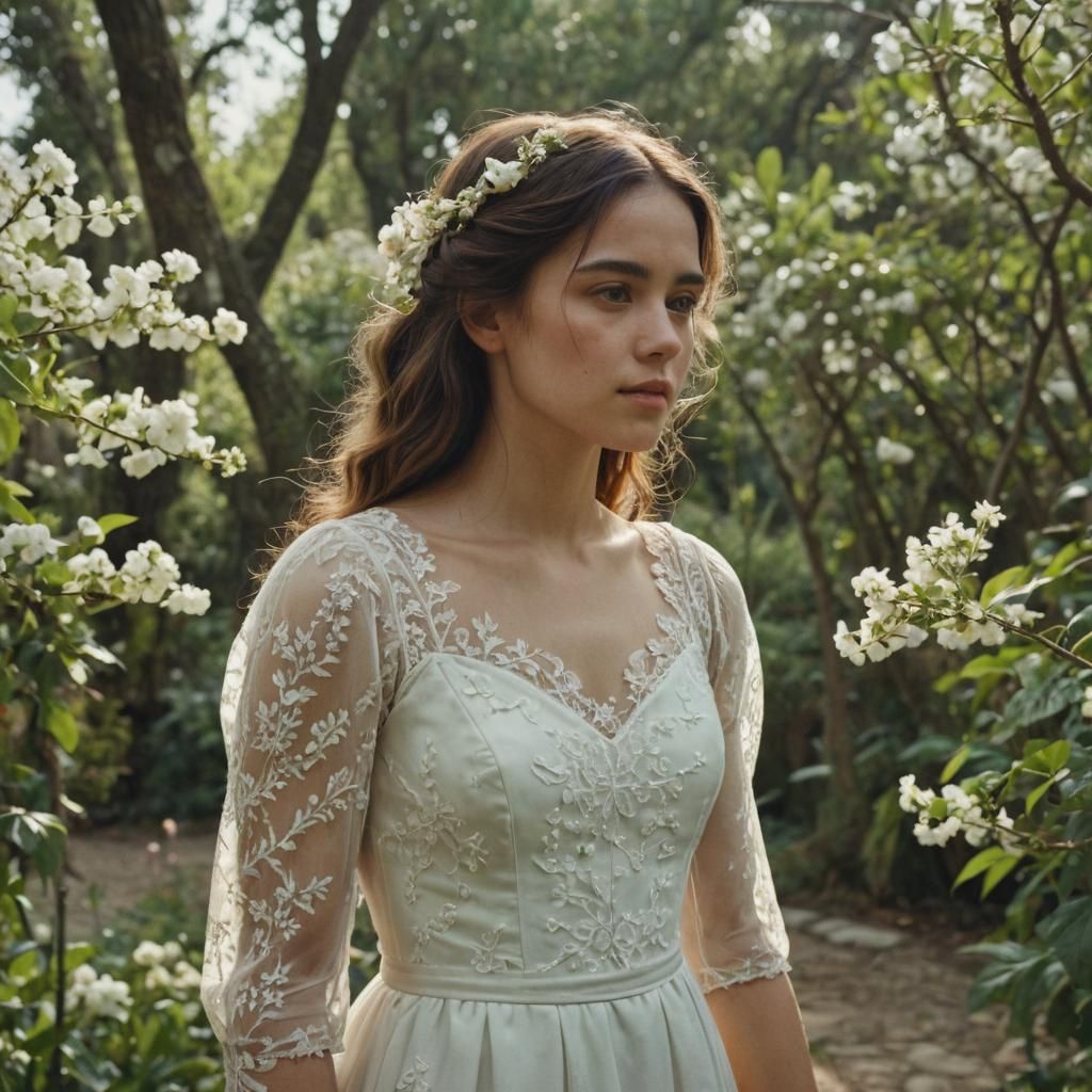 Ethereal Woman in Dream Garden, Cinematic Film Still