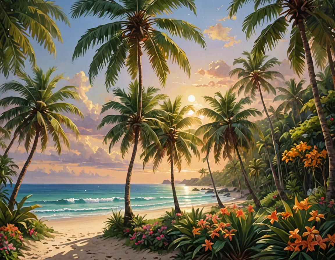perfect tropical paradise, where the golden sun dips toward the horizon