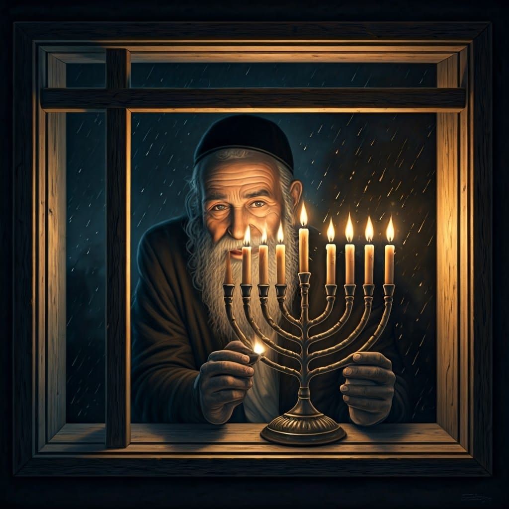 Ultra-Orthodox Jew Lights Menorah in Rainy Window