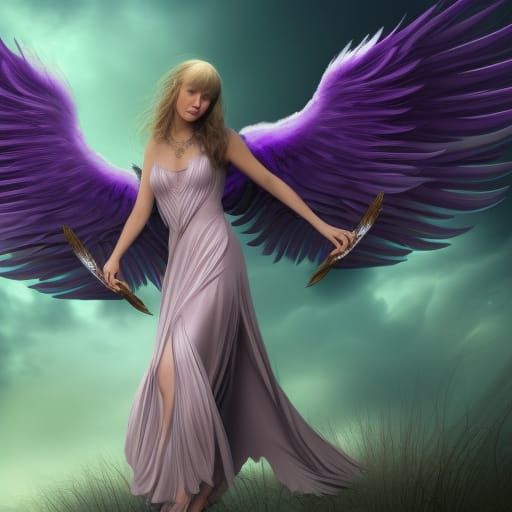 taylor swift, long purple wavy hair, glowing aura, mysteriou...