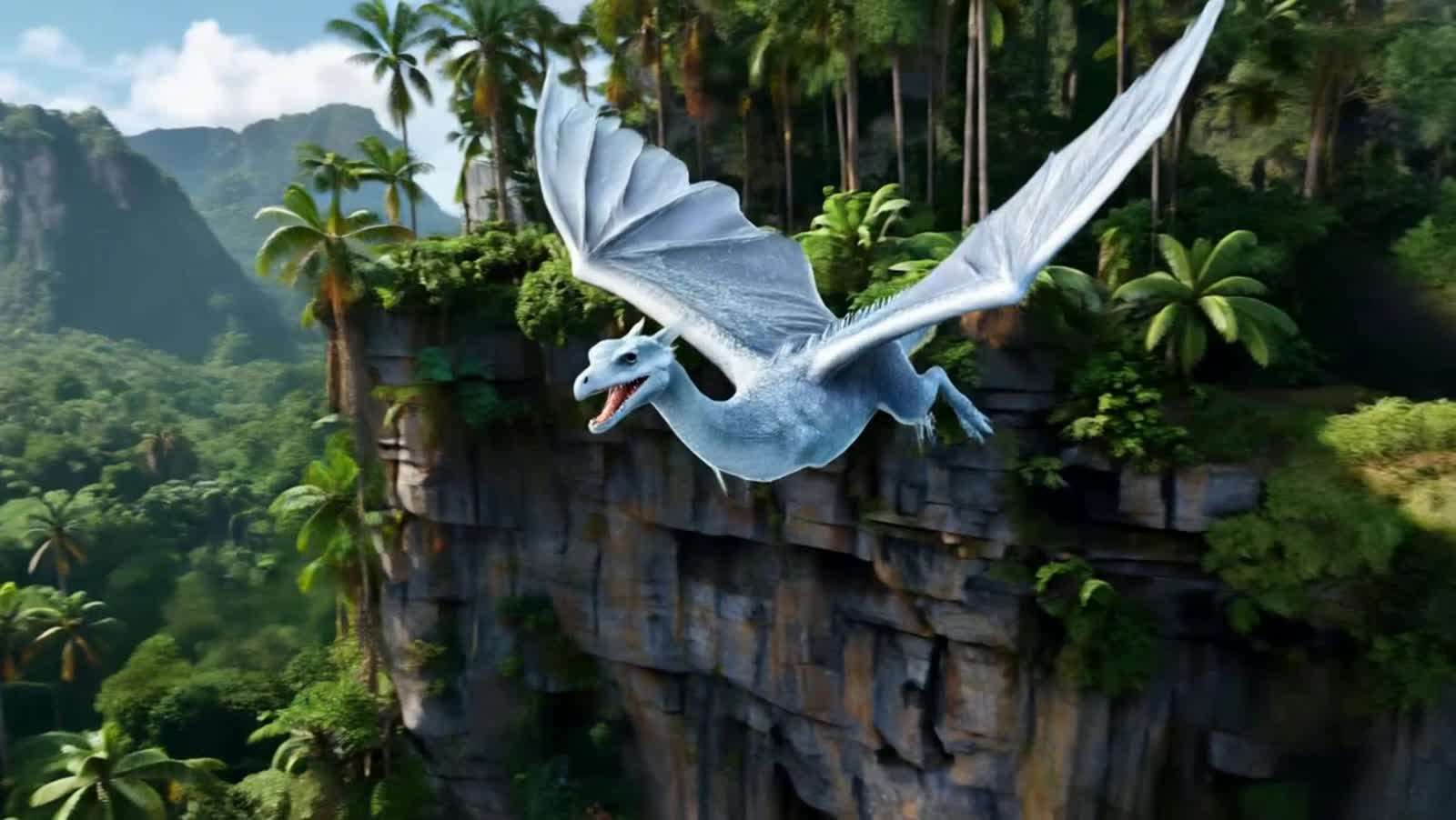Une vidéo d’un dragon de glace majestueux qui s’élance d’une falaise en amont d’une immense forêt amazonienne que le dra...