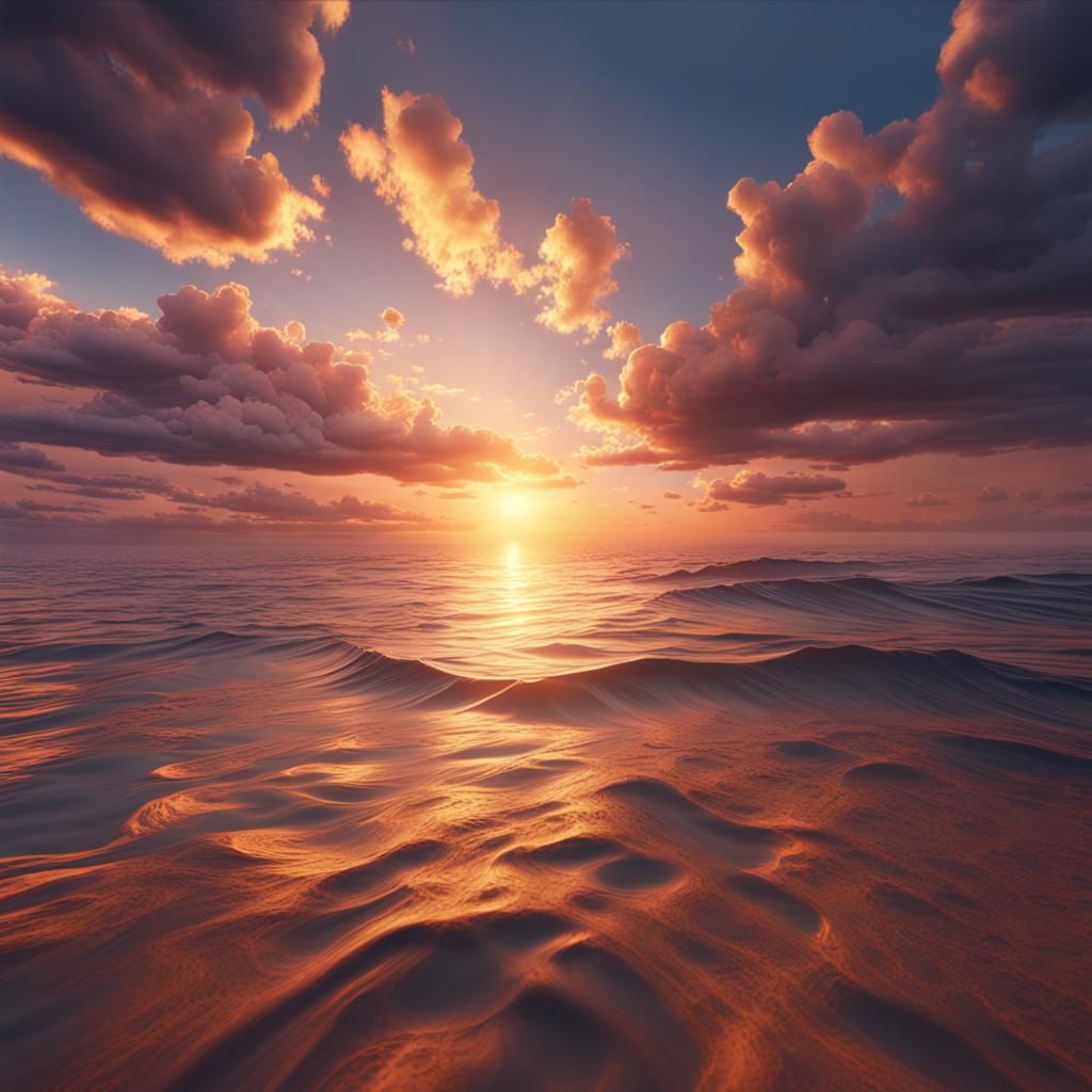 Sunset at the beach with calm water wonderful clouds high re...