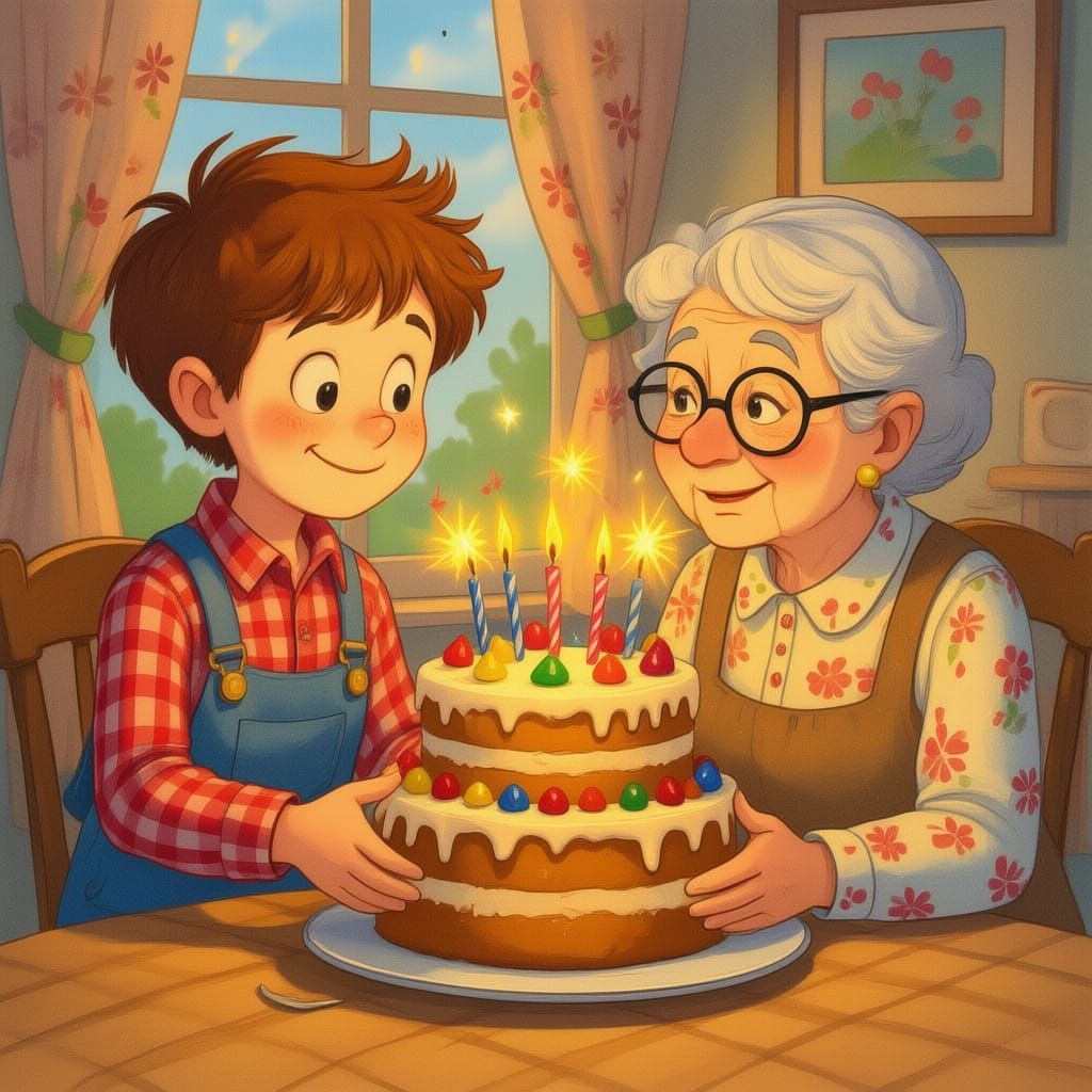 Barnaby is proudly presenting the cake to Mrs. Higgins. Mrs. Higgins is looking at the cake with a polite, but slightly bewildered, expressi...