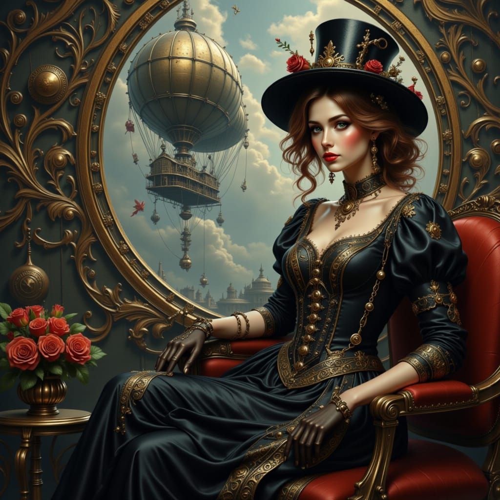 Steampunk Woman in Salon with Dirigible, Dark Fantasy