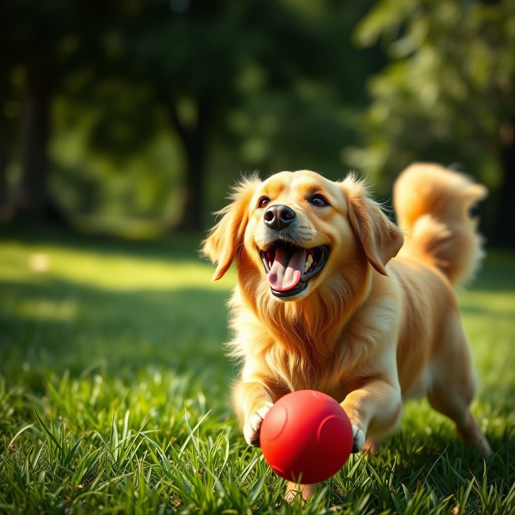 Golden Retriever Joyfully Plays with Red Ball in Park