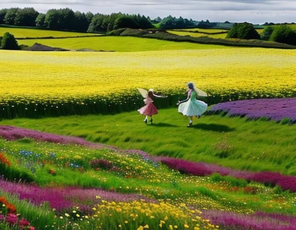 Fairies frolicking in a field of Irish wildflowers in full bloom - AI ...