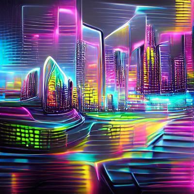 Futuristic cityscape glowing neon holographic 