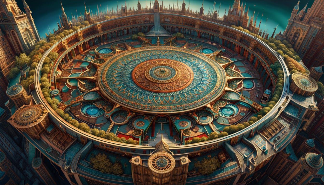 Ultra complex mandala with intricate geometric patterns that depict an aerial view of a circular city. ...  by @Jokavld