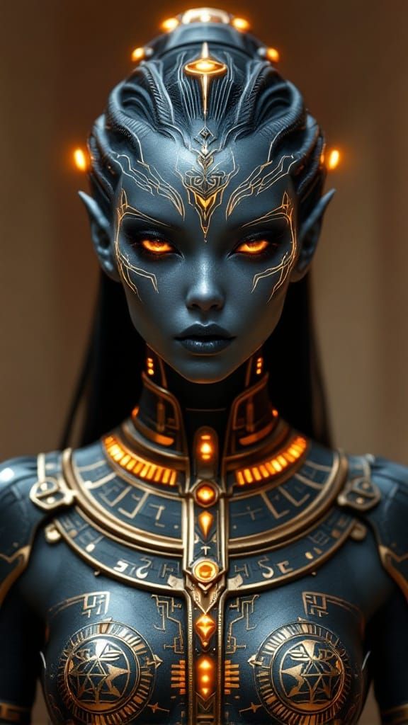 Hyper-photorealistic full-body portrait of a young female Anunnaki from the Fashion Model class, age appearance 25–28. S...