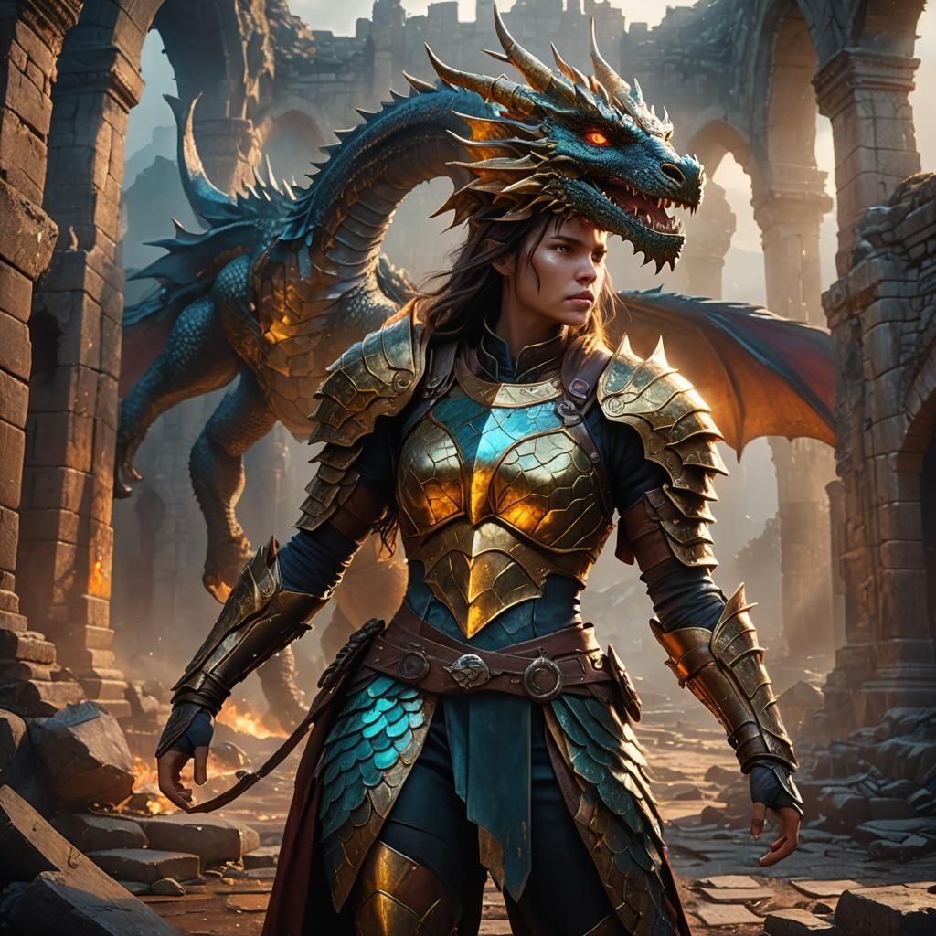 Dragon Warrior in Mystical Ruins: Fantasy Art