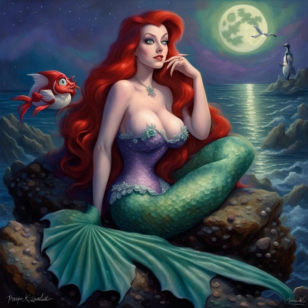 (((jessica rabbit))), ariel little mermaid, sitting on a roc...