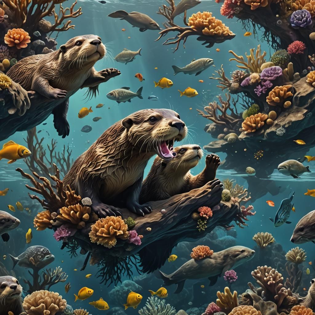 a Group of otters fishing