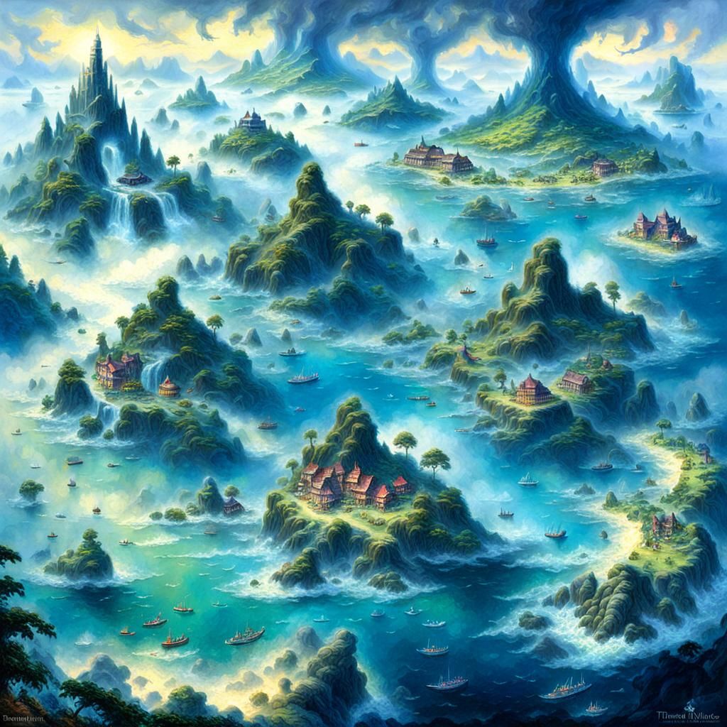 A detailed map of a chain of islands. Surrounded by oceans a...