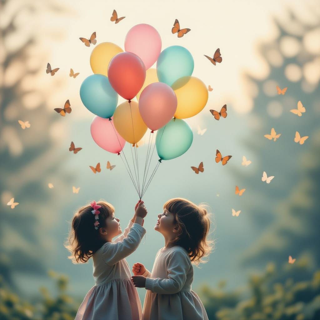 Whimsical Child Silhouette Filled With Balloons And Butterfl...