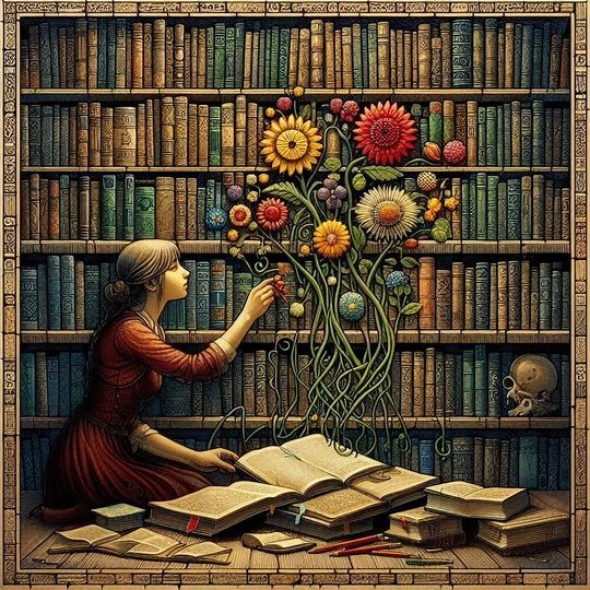 Along the library shelves