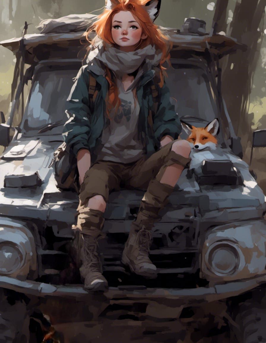 Fox-girl VIXEN sitting on the hood of her ORV.