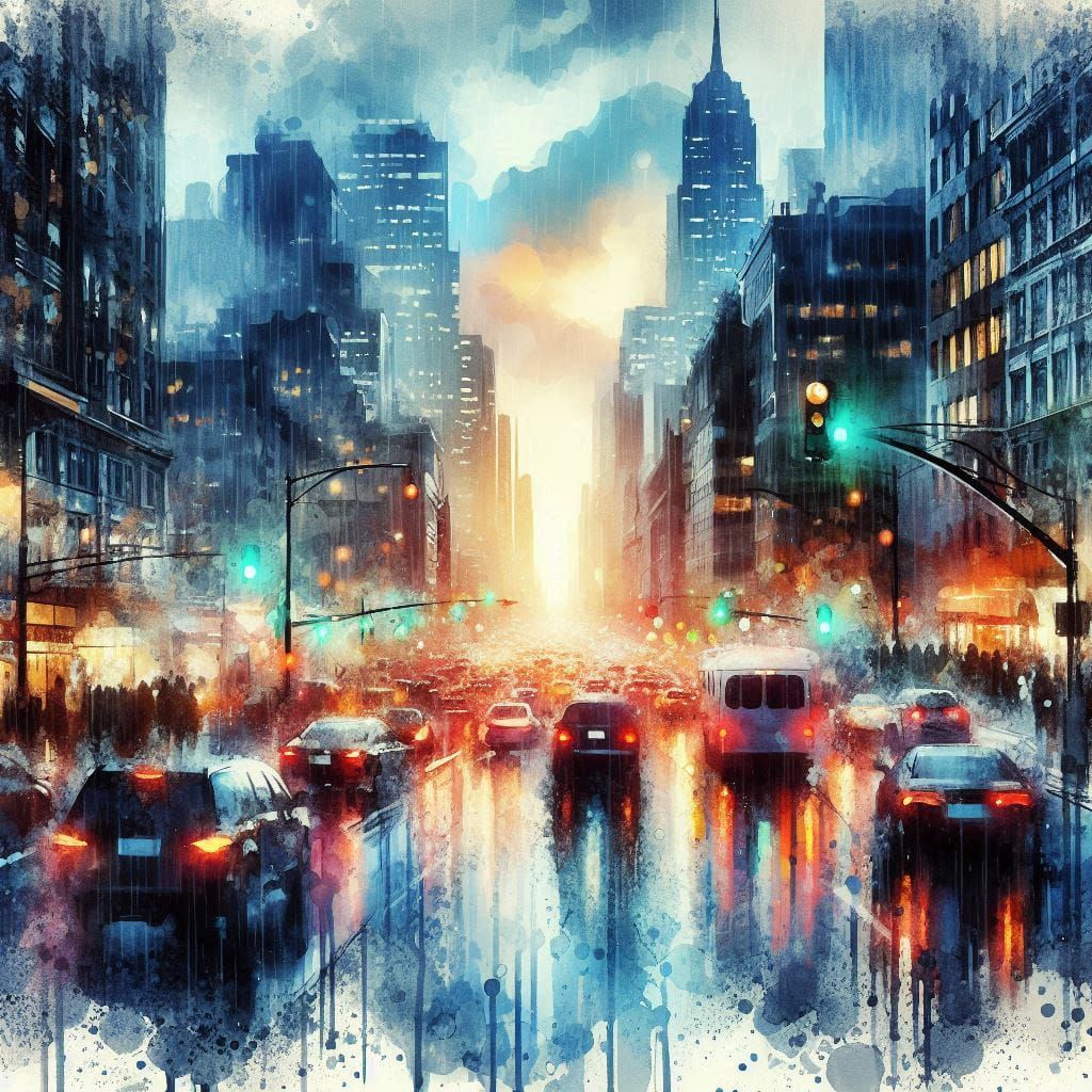 City scene in the rain