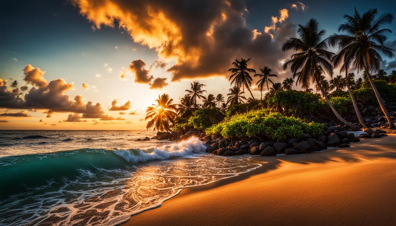 Island in sunset, beach, palm trees, waves, intricate details, ...  by @ZHV