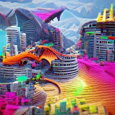 futuristic city with 2 dragons fighting over a mountain 8K 3...