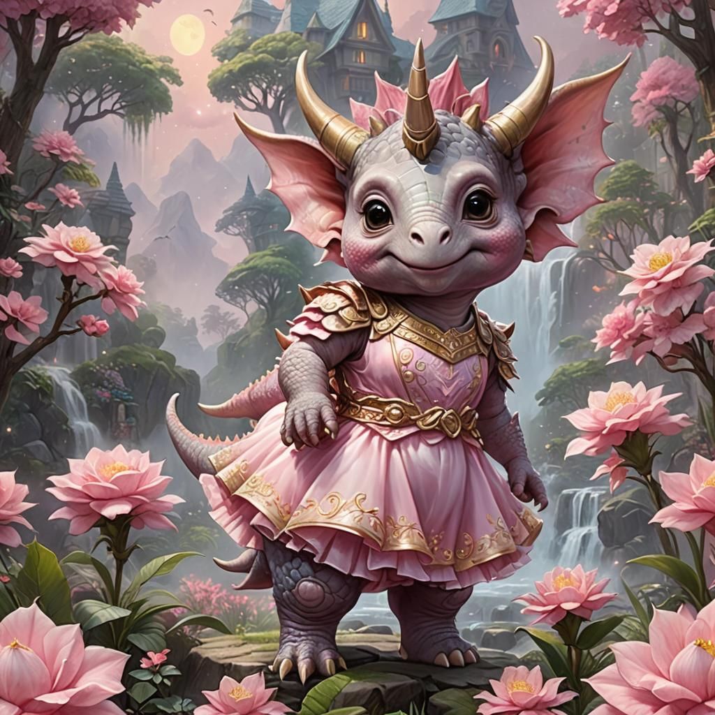Chibi Triceratops in Pink Dress, Ethereal Fantasy