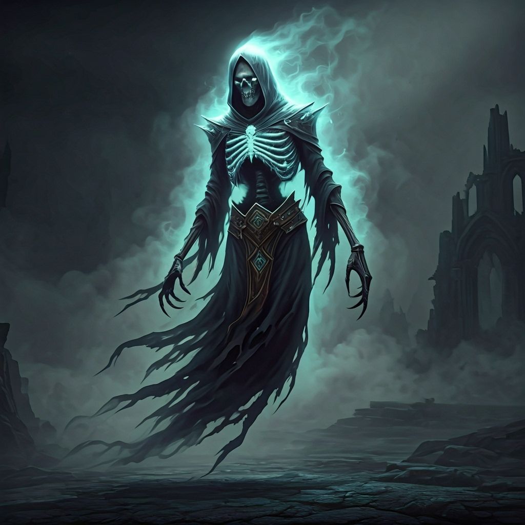 A ghostly undead creature hovering in the air, shrouded in mist. Its form is semi-transparent and vaguely humanoid, with torn spectral robes...