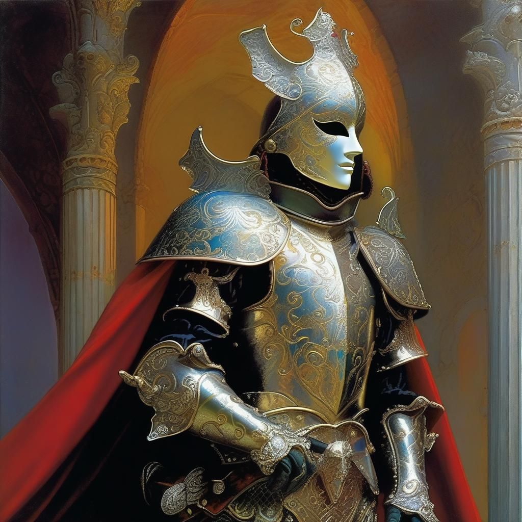 Venetian mask, in silver ornated armor, by Richard Michael Gorman Powers, Paul Lehr, Michael Whelan, Vincent Di Fate :: Intricate details ::...