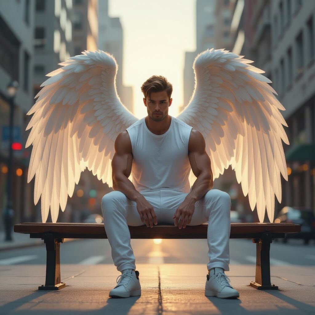 Angelic Figure in Urban Setting with White Wings