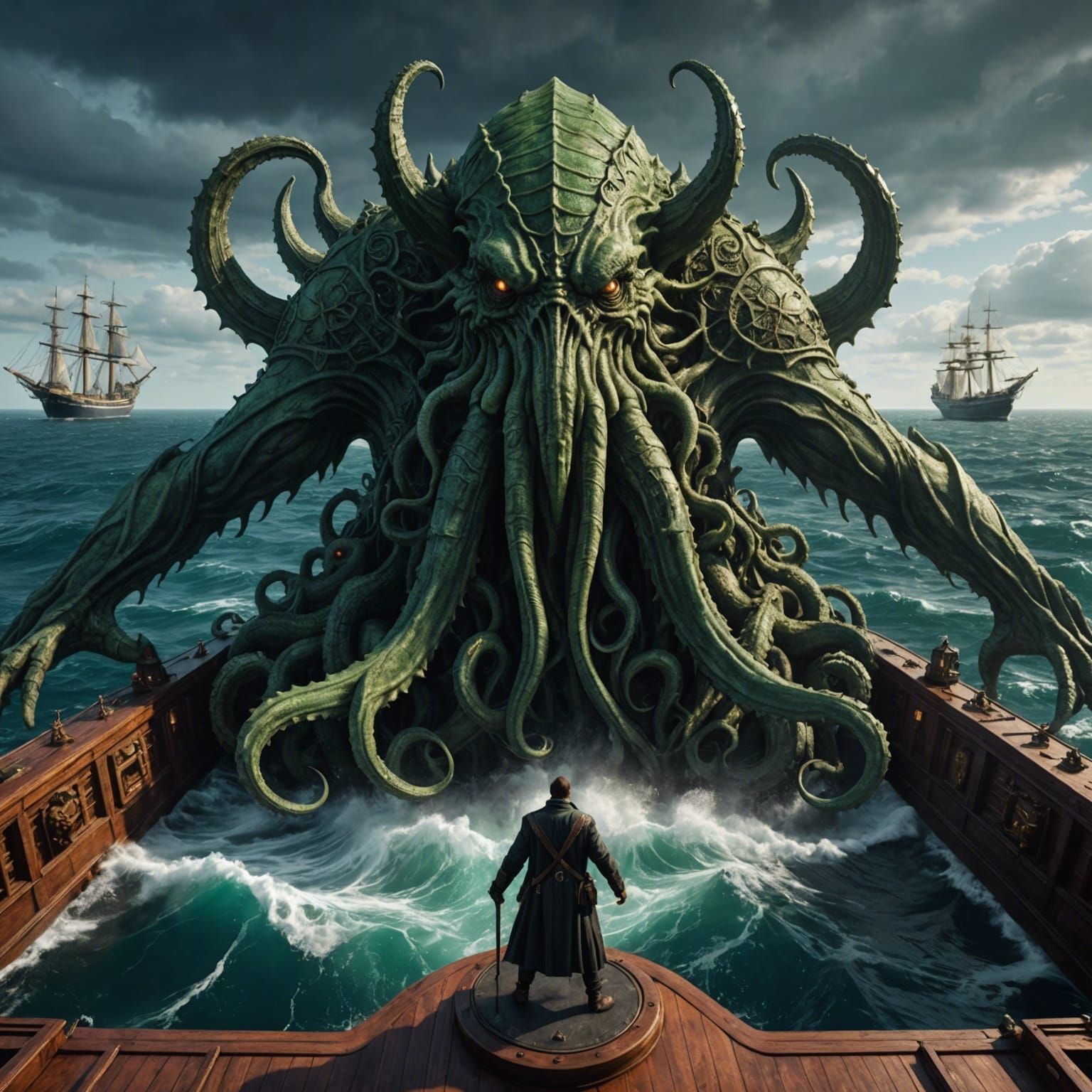 cthulhu ((huge)) on top of ship in the middle of the Ocean, intricate details, HDR, beautifully shot, hyperrealistic, sharp focus, 64 megapi...