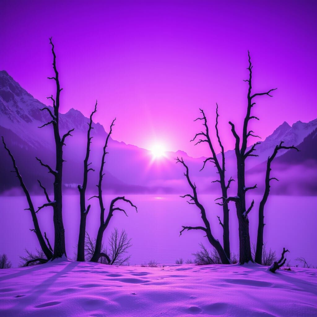 <lora:Purple Haze:1.0> Concept art, medium shot of a magical, vivid purple haze sunrise over a serene snow-covered mountain lake with striki...
