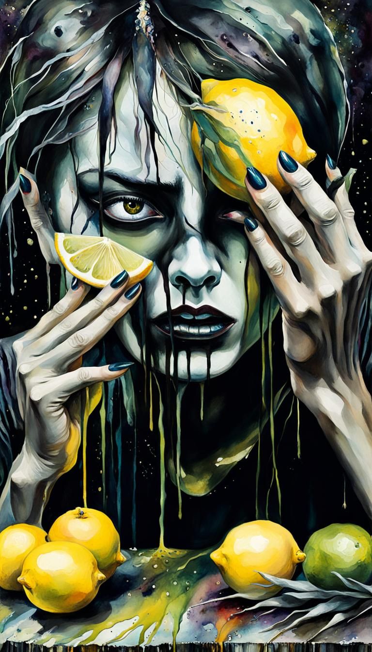 Surreal, Uncanny  Emo Lemonade ,  pour my goth soul a black glass of Emo Lemonade, a  giant female hand with long nails  reaches for  a lemo...