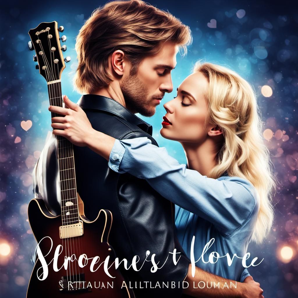 a contemporary and romantic novel cover. A man, guitarist, b...