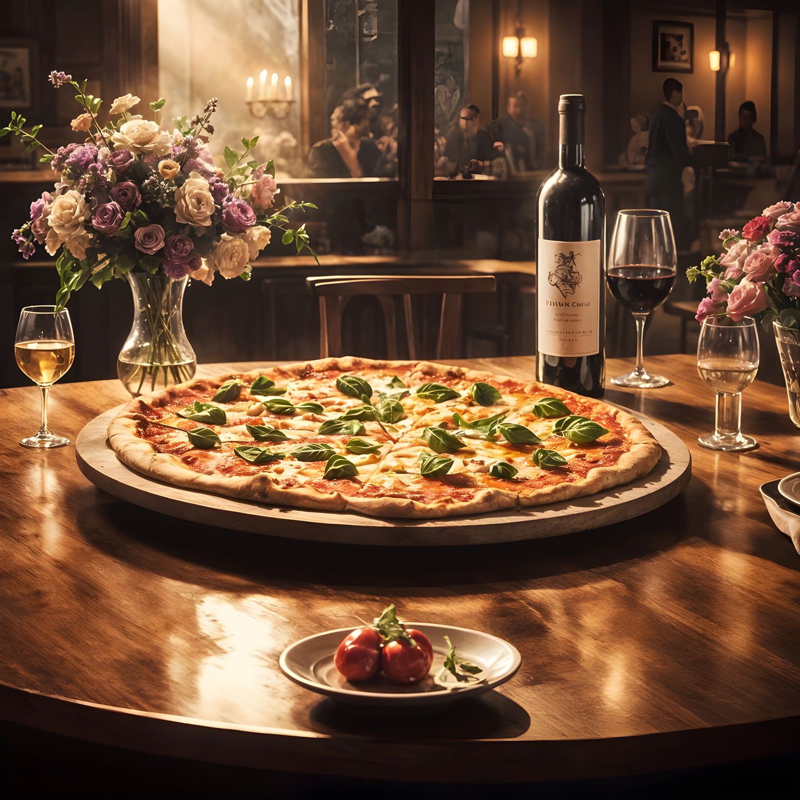 A large pizza on a table in a restaurant, steam rising of the pizza, bottle of wine and wine glasses ...  by @Irene