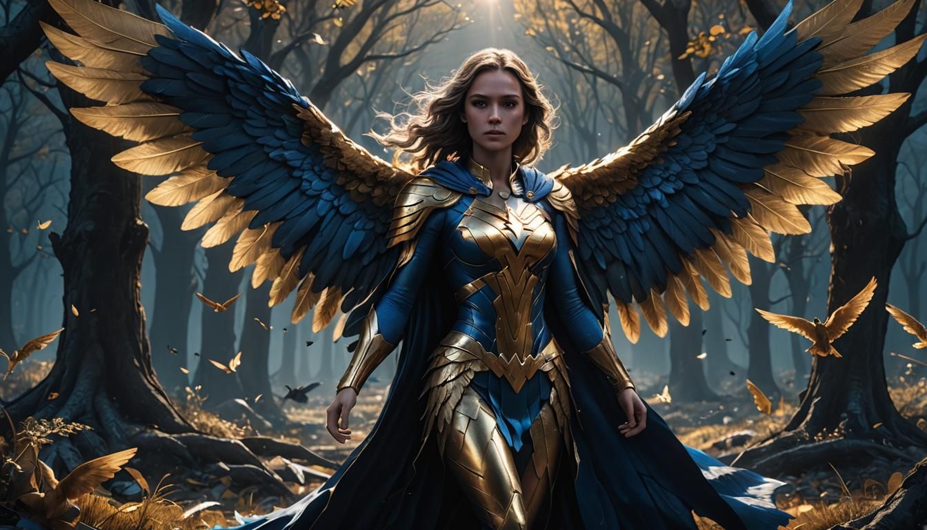 super girl in dynamic, atmosphere of darkness and horror, meets with a beautiful angel, hyper realistic, in the style of wallpaper landscap...