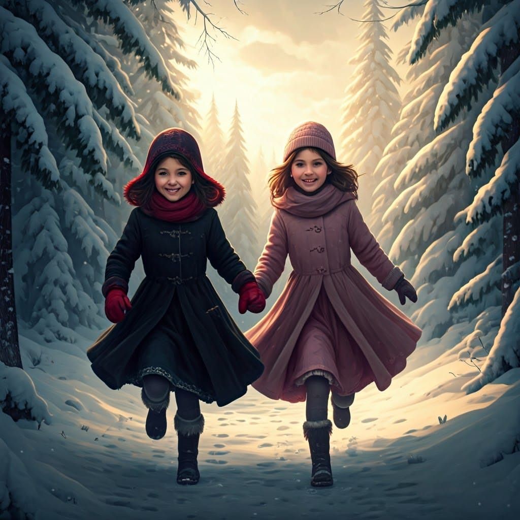Girls' Joyful Run Through Winter Forest in Matte Painting St...