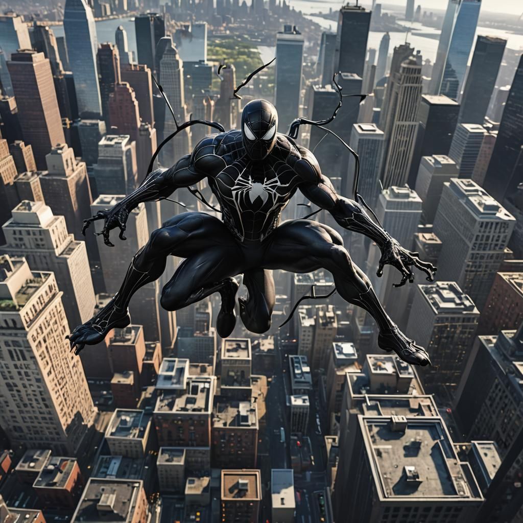 Venom symbiote Spiderman Suit, swinging, black webs, NYC sky...