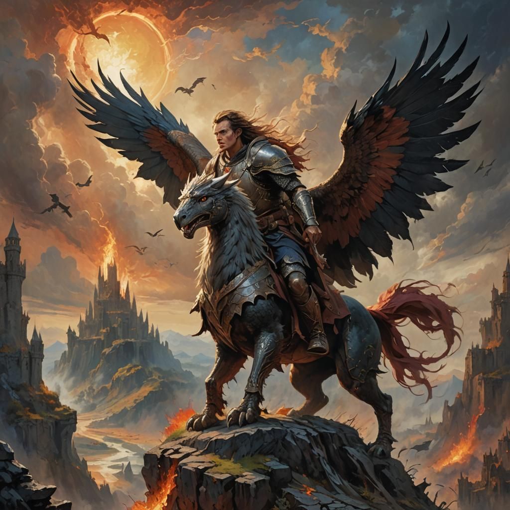 hobbit warrior riding a griffin,fantasy concept art,majestic,heroic ...