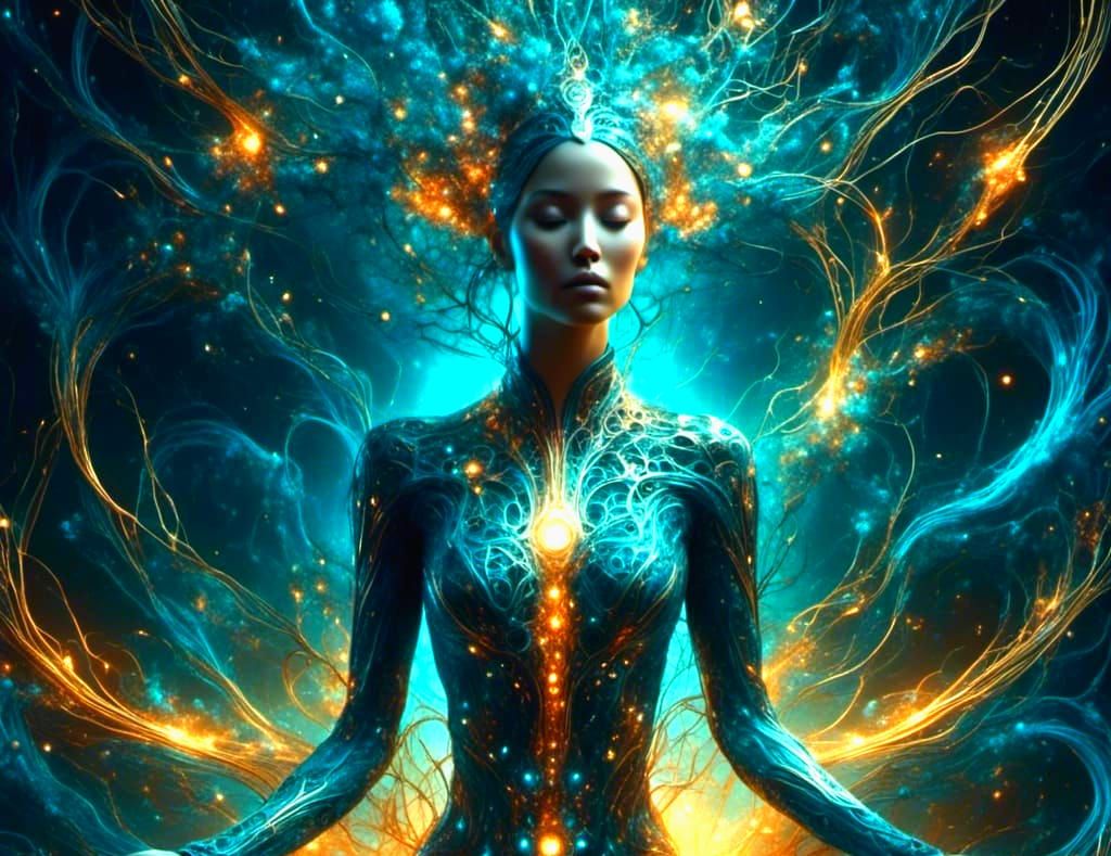 Scandinavian Woman in Lotus Position: Cosmic Neurology Style