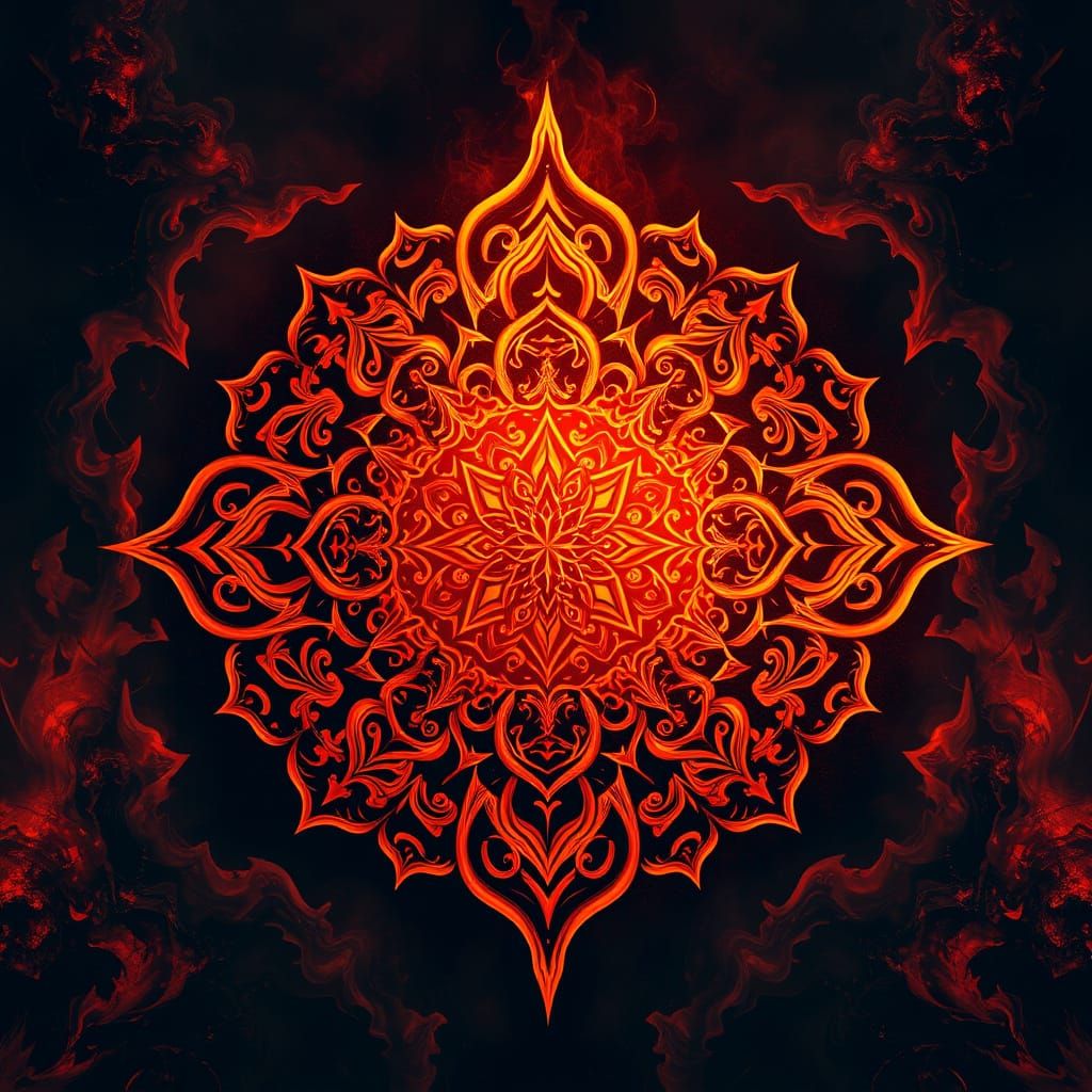 A mandala in fiery orange similar to the last creation. Make it very detailed and represent violence, anger and bloodshed