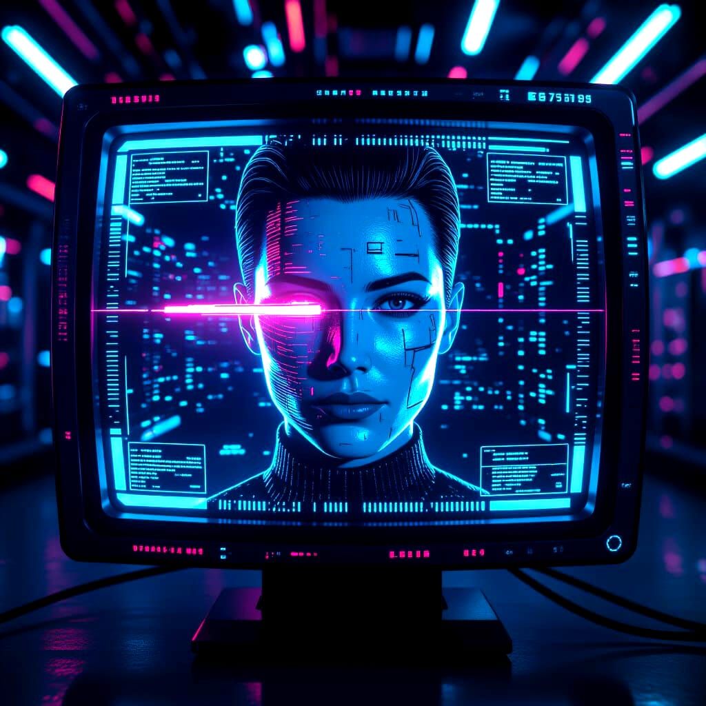 Super glitch and static face on a viewscreen with computer banks in the background.