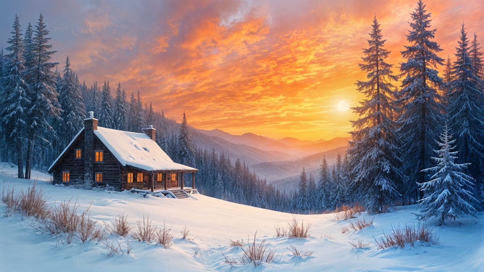 Amazing colorful sunrise over an old mountain lodge in snowy woods  by @DeeB